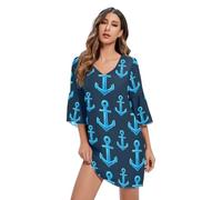 Abito estivo da donna con stampa a V blu scuro con ancore nautiche, taglie S-XXL, Ancora Nautica Blu Scuro, L