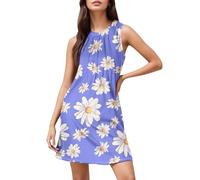 Abito estivo da donna, corto, estivo, da donna, con scollo rotondo, con stampa floreale, per le vacanze, senza maniche, elegante, da ballo, leggero, a tunica, per le vacanze, per il tempo libero