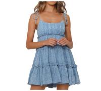 Abito estivo da donna, corto, estivo, da spiaggia, in chiffon, con linee A, con spalline floreali, per il tempo libero, da donna, Azzurro, XL