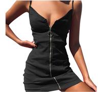 Abito estivo da donna, corto, senza maniche, aderente, sexy, con spalline sottili, con chiusura lampo, per il tempo libero, per adolescenti, ragazze, feste, slim fit, Nero , XL