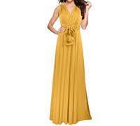 Abito estivo da donna, elegante abito da sera lungo con scollo a V, da donna, ideale come vestito da damigella d'onore o ospite nuziale, versatile, portatile, per feste, gold, XL