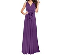 Abito estivo da donna, elegante abito da sera lungo con scollo a V, da donna, ideale come vestito da damigella d'onore o ospite nuziale, versatile, portatile, per feste, Lilla, XL