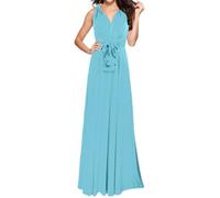 Abito estivo da donna, elegante abito da sera lungo con scollo a V, da donna, ideale come vestito da damigella d'onore o ospite nuziale, versatile, portatile, per feste, Blu, S