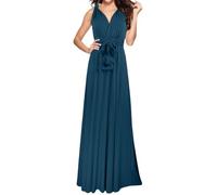 Abito estivo da donna, elegante abito da sera lungo con scollo a V, da donna, ideale come vestito da damigella d'onore o ospite nuziale, versatile, portatile, per feste, Blu scuro, L