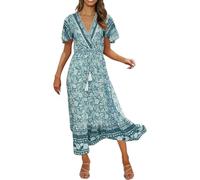 Abito estivo da donna, elegante, bohémien, lungo, maxi abito da donna, con scollo a V, lungo, a vita alta, con coulisse, con fiori, swing, flowy, abito da spiaggia, casual, per le vacanze, per il