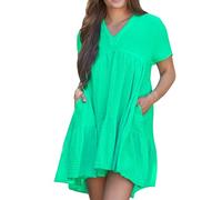 Abito estivo da donna, elegante, con scollo a V, taglie grandi, a maniche corte, mini abito estivo, patchwork, abito casual, traspirante, tinta unita, verde, 4XL