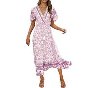 Abito estivo da donna elegante e casual con scollo a V e cintura, perfetto per gite rilassanti, ideale per giornate calde e abbinabile a sandali per uno stile senza sforzo., Colore: rosa., L