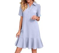 Abito estivo da donna elegante e chic abito lungo estivo con scollo a Mao senza maniche corte in cotone casual a vita alta A-Line abiti da spiaggia boheme fluidi per le donne, azzurro, M