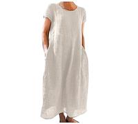 Abito estivo da donna, elegante, in lino, casual, girocollo, a maniche corte, lungo, in cotone, linea A, maxi abito da ballo, leggero, alla moda, per il tempo libero