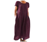 Abito estivo da donna, elegante, in lino, casual, girocollo, a maniche corte, lungo, in cotone, linea A, maxi abito da ballo, leggero, alla moda, per il tempo libero