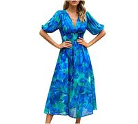 Abito estivo da donna, elegante, motivo geometrico, maxi abito a maniche corte, scollo a V, linea ad A, elastico in vita, per feste, pancia, skater, doppio strato, patchwork