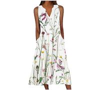 Abito estivo da donna, elegante, scollo a V, con stampa floreale, abito da spiaggia estivo, senza maniche, linea A, per il tempo libero, con tasche, hawaiani, spiaggia, vacanze, swing, prendisole