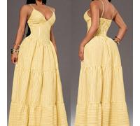 Abito estivo da donna giallo sexy elegante e chic a righe blu e bianche con spalline sottili, abito sexy da vacanza, abito con orlo ampio e fluido, abito che definisce la vita, abito lungo da vacanza,