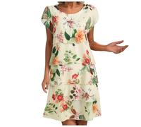 Abito estivo da donna, in chiffon con scollo rotondo, elegante, con stampa floreale, maniche corte, con balze, leggero e traspirante, mini abito da donna chic da sera, Luce gialla, L