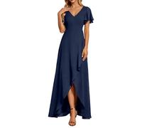 Abito estivo da donna, in chiffon, girocollo, lunghezza al ginocchio, abito da sera, corto, linea A, per il tempo libero, elegante, mini abito da festa, O blu navy, M