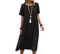 Abito estivo da donna, in cotone, casual, a maniche corte, vestibilità larga, a girocollo, alla moda, Nero , 5XL