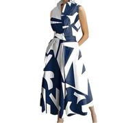 Abito estivo da donna in cotone con scollo a V e bottoni, abito da donna a maniche lunghe, abito a trapezio a vita alta, a pieghe e con risvolto per ufficio, spiaggia, Stampa blu, L