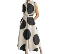 Abito estivo da donna in cotone con scollo a V e bottoni, abito da donna a maniche lunghe, abito a trapezio a vita alta, a pieghe e con risvolto per ufficio, spiaggia, Piselli Rosa/Bianco, XS