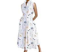 Abito estivo da donna in cotone con scollo a V e bottoni, abito da donna a maniche lunghe, abito a trapezio a vita alta, a pieghe e con risvolto per ufficio, spiaggia, Stampa Fiori Bianchi, L