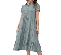 Abito estivo da donna in cotone e lino, a maniche corte, con bottoni, scollo a V frontale, abito midi a balze, per vacanze nel Regno Unito, abbigliamento quotidiano con colletto, grigio, L