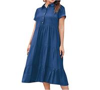 Abito estivo da donna in cotone e lino, a maniche corte, con bottoni, scollo a V frontale, abito midi a balze, per vacanze nel Regno Unito, abbigliamento quotidiano con colletto, Blu, XL