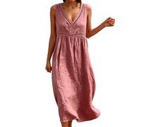 Abito estivo da donna, in cotone e lino, con scollo a V, ampio e arioso, stile boho, elegante, da spiaggia, per il tempo libero, maniche a 3/4, stile casual, per le vacanze, O rosso., XL