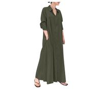 Abito estivo da donna, in cotone, lino, tinta unita, con bottoni, scollo a V, abito da spiaggia, elegante, elegante, elegante, a maniche corte, casual, taglia grande, Verde 2, XL