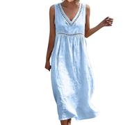 Abito estivo da donna, in cotone, lunghezza al ginocchio, stile boho, da spiaggia, con scollo a V, senza maniche, linea ad A, elegante, a vita alta, per il tempo libero, leggero e arioso, Azzurro, XL