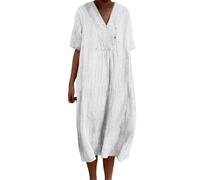 Abito estivo da donna, in cotone, morbido, a maniche corte, casual, con stampa floreale, con scollo a V, da sera, taglie forti, abito estivo da donna, lungo, casual, per feste, 4-bianco, XXXXL