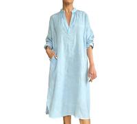 Abito estivo da donna in lino, casual, a maniche corte, con scollo a V, linea ad A, abito da spiaggia, tunica, lunghezza al ginocchio, per il tempo libero, tinta unita, Azzurro, L