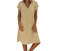 Abito estivo da donna in lino, grandi dimensioni, con scollo a V, a maniche corte, alla moda, largo, lunghezza al ginocchio, tinta unita, abito da spiaggia, leggero, comodo, in lino, B-kaki., S