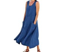 Abito estivo da donna in lino, in cotone, senza maniche, maxi abito casual, girocollo, da spiaggia, elegante, boho, da spiaggia, per il tempo libero, in lino, in cotone, a maniche corte, maxi abito