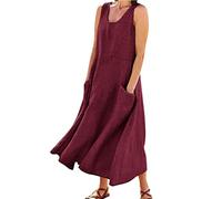 Abito estivo da donna in lino, in cotone, senza maniche, maxi abito casual, girocollo, da spiaggia, elegante, boho, da spiaggia, per il tempo libero, in lino, in cotone, a maniche corte, maxi abito