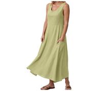 Abito estivo da donna in lino, in cotone, senza maniche, maxi abito casual, girocollo, da spiaggia, elegante, boho, da spiaggia, per il tempo libero, in lino, in cotone, a maniche corte, maxi abito