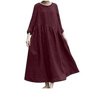 Abito estivo da donna in lino, lungo, in cotone, lino, da donna, a maniche lunghe, taglie forti, con tasca, Colore: rosso, S