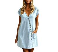 Abito estivo da donna in mussola con scollo a V, leggero e arioso, a maniche corte, tinta unita, elegante, per il tempo libero, casual, con bottoni, O azzurro, XL