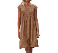 Abito estivo da donna in mussola con scollo rotondo plissettato estivo in cotone e lino al ginocchio A-Line spiaggia tinta unita abiti estivi, 01 Caffè, S