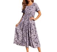 Abito estivo da donna, leggero e arioso, lungo al ginocchio, scollo rotondo, motivo floreale, per il tempo libero, a maniche corte, linea boho, per feste, elegante, maxi abito floreale, Lilla, XL