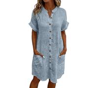 Abito estivo da donna, leggero e arioso, scollo a V, maniche corte, con tasche, elegante abito per il tempo libero in morbido cotone, effetto lino, per la spiaggia e la vita quotidiana, 11 azzurro, S