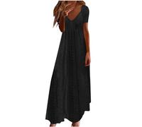 Abito estivo da donna, leggero e arioso, tinta unita, elegante, con scollo a V, per feste, lunghezza alla caviglia, senza maniche, maniche corte, per il tempo libero, #03 nero., L