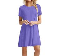 Abito estivo da donna, leggero e traspirante, lunghezza al ginocchio, stile boho, a maniche corte, elegante, casual, da spiaggia, con scollo rotondo, Lilla, S