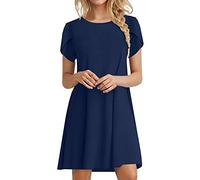 Abito estivo da donna, leggero e traspirante, lunghezza al ginocchio, stile boho, a maniche corte, elegante, casual, da spiaggia, con scollo rotondo, Blu marino, L