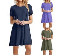 Abito estivo da donna, leggero e traspirante, lunghezza al ginocchio, stile boho, a maniche corte, elegante, casual, da spiaggia, con scollo rotondo, Blu scuro, XXL