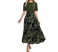 Abito estivo da donna, leggero, elegante, lungo, girocollo, a vita alta, maxi abito a maniche corte, linea ad A, abito da ballo, casual, alla moda, per il tempo libero