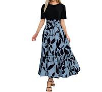 Abito estivo da donna, leggero, elegante, lungo, girocollo, a vita alta, maxi abito a maniche corte, linea ad A, abito da ballo, casual, alla moda, per il tempo libero