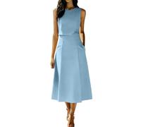 Abito estivo da donna, linea ad A, elegante, senza maniche, sciancrato, a vita alta, leggero, in lino, maxi abito da spiaggia, tinta unita, comodo abito per il tempo libero, Azzurro, M