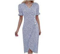 Abito estivo da donna, lunghezza al ginocchio, abito estivo bohémien, a linee, abito estivo con fiori midi beige bohémien per il tempo libero, Azzurro, S