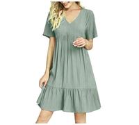 Abito estivo da donna, lunghezza al ginocchio, linea A, abito da spiaggia, estivo, a maniche corte, stile boho, con scollo a V, con volant, orlo a volant, tinta unita, plissettato, per il tempo
