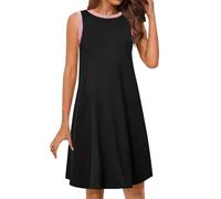 Abito estivo da donna, lunghezza al ginocchio, per il tempo libero, scollo rotondo, a contrasto, senza maniche, leggero, a linee, per il tempo libero, mini abito da spiaggia, Nero , L