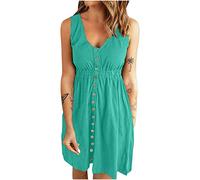 Abito estivo da donna, lunghezza al ginocchio, senza maniche, abito estivo, da spiaggia, mini abito da skater, con bottoni, tunica, per vacanze, estivo, per il tempo libero, linea ad A, verde, L